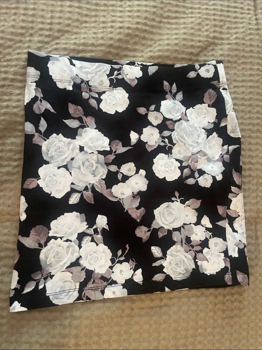 Forever 21 Black Mini Skirt with White Rose Print